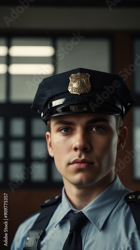 young guy police officer on office background with copy space portrait