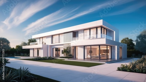Modern white villa with pool surrounded by lush landscaping at sunset
