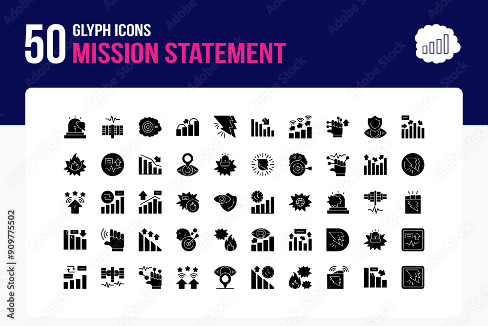 Set of 50 Mission Statement icons related to Beacon Blitz, Spark Spire, Dream Dart , Shift Stride Glyph Icon collection Set of 50 Mission Statement icons related to Beacon Blitz, Spark Spire, Dream Dart , Shift Stride Glyph Icon collection
