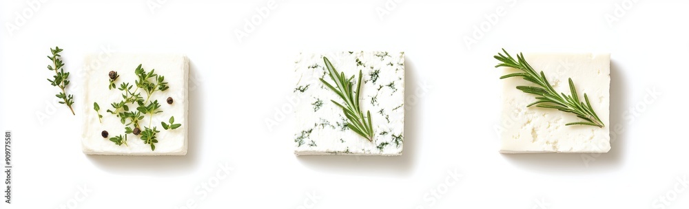 Close-up front and top-down views of a feta cheese bundle cut into cubes and isolated on a white background Close-up front and top-down views of a feta cheese bundle cut into cubes and isolated on a white background