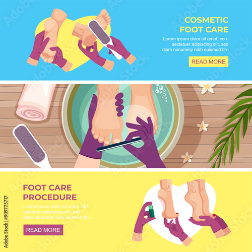 foot spa. cartoon foot skin care icons, foot pedicure step by step, women feet, horizontal banners. vector cartoon flat graphics.