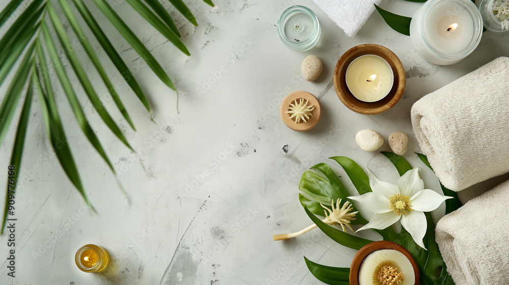 A white towel is on a table with a bunch of candles and a leaf A white towel is on a table with a bunch of candles and a leaf