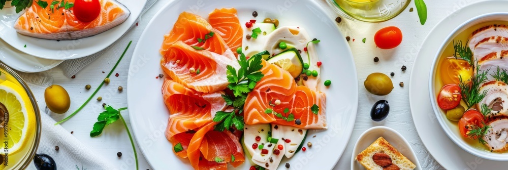 Seafood Plate, Raw Fish Mix on White Plate, Salted Salmon, Trout, Tuna, Smoked Chicken Fillet Seafood Plate, Raw Fish Mix on White Plate, Salted Salmon, Trout, Tuna, Smoked Chicken Fillet
