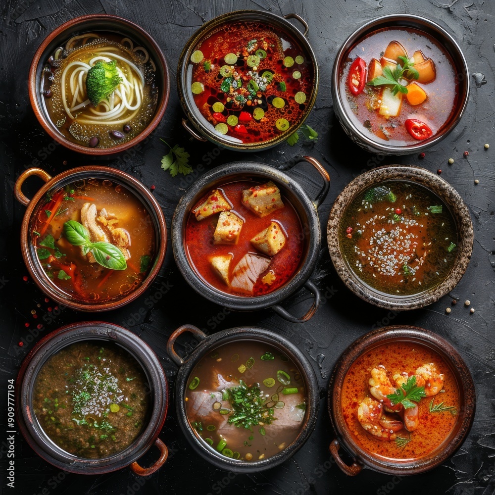 Asian Soups Set with Kespe Soup, Kullama or Beshbarmak, Fish Soup Bouillabaisse Asian Soups Set with Kespe Soup, Kullama or Beshbarmak, Fish Soup Bouillabaisse