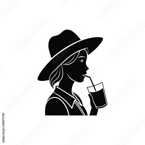 women with hat drinking water silhouette