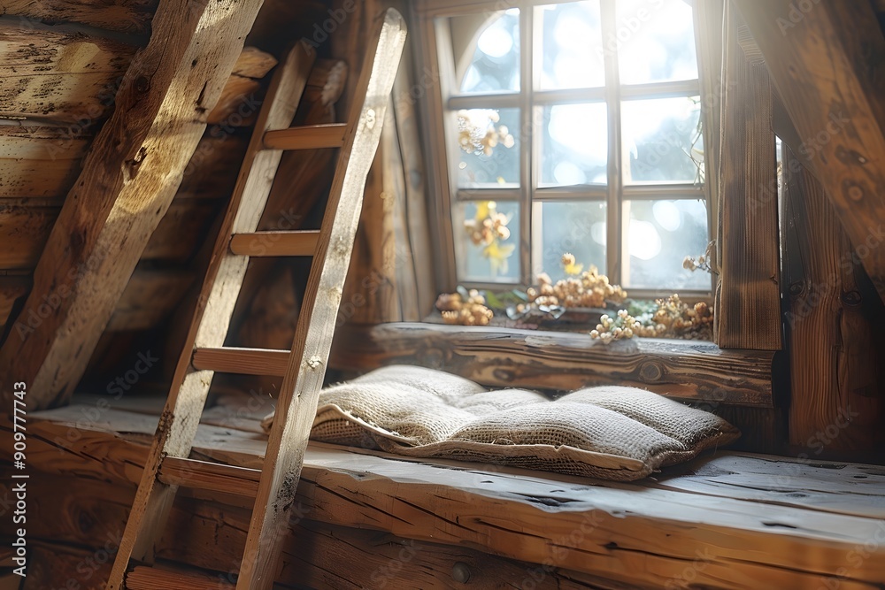 Cozy Rustic Loft with Wooden Ladder and Sunlit Window Seat for Relaxation Cozy Rustic Loft with Wooden Ladder and Sunlit Window Seat for Relaxation
