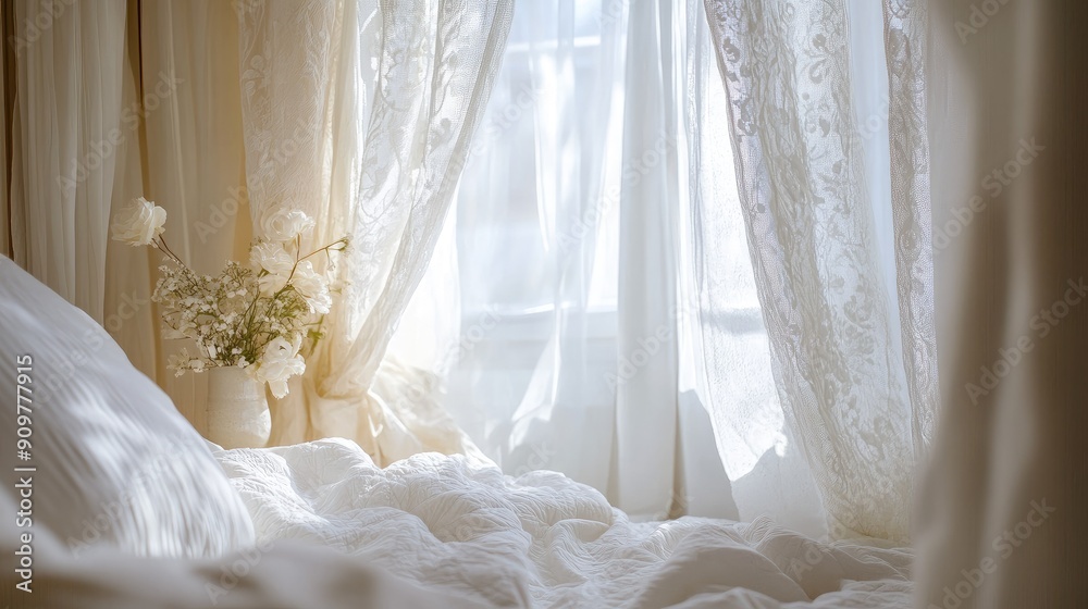 Classic white curtains with delicate floral designs in a charming bedroom, with plenty of space for text. Classic white curtains with delicate floral designs in a charming bedroom, with plenty of space for text.