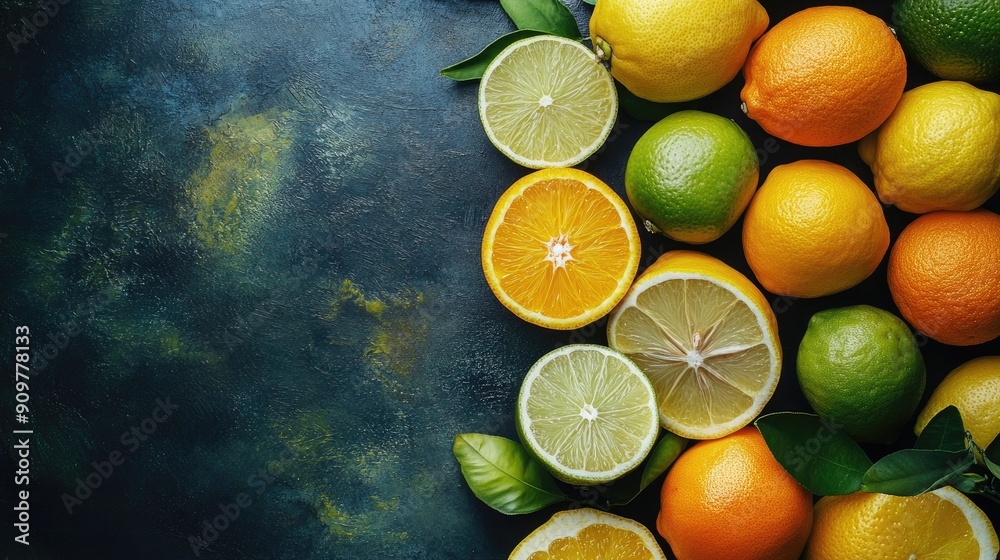 Close-up of a variety of citrus fruits, including oranges, lemons, and limes, with plenty of space for text on the side. Close-up of a variety of citrus fruits, including oranges, lemons, and limes, with plenty of space for text on the side.