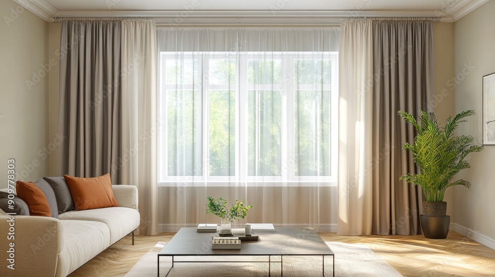 Contemporary geometric design curtains in a simple living room, with plenty of space for text. Contemporary geometric design curtains in a simple living room, with plenty of space for text.