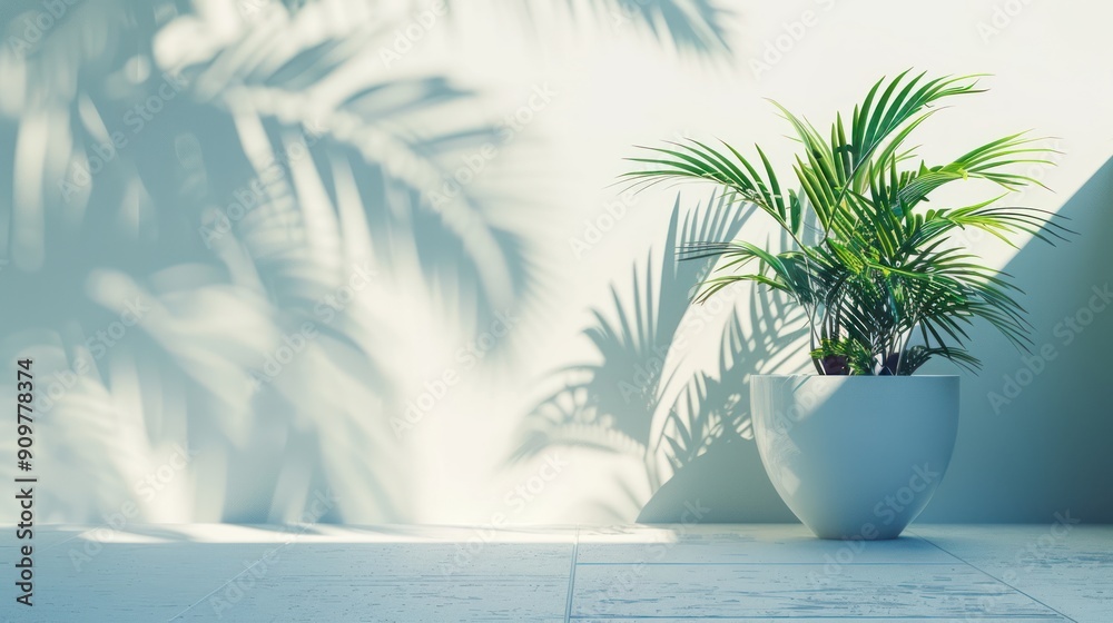 Green potted plant casting shadows on white wall. Concept of minimalist interior design, home decor, and tranquility. Green potted plant casting shadows on white wall. Concept of minimalist interior design, home decor, and tranquility.