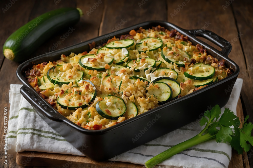 Delicious Baked Zucchini Casserole with Crispy Topping in Black Dish on Rustic Wooden Table Delicious Baked Zucchini Casserole with Crispy Topping in Black Dish on Rustic Wooden Table