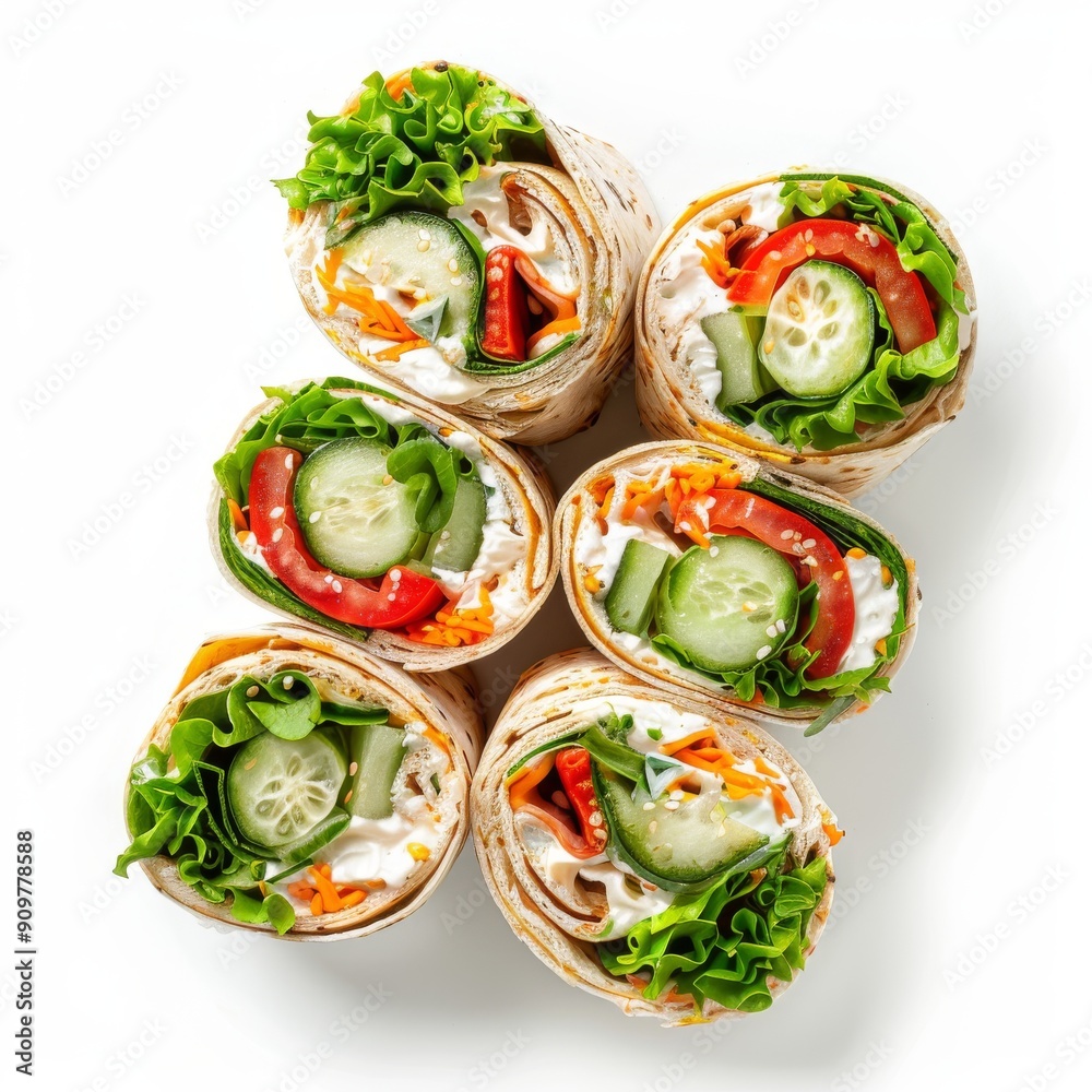 Vegetable Tortilla Rolls, Burrito with Cream Cheese, Tomato, Bell Pepper, Cucumber, Lettuce and Spicy Sauce Vegetable Tortilla Rolls, Burrito with Cream Cheese, Tomato, Bell Pepper, Cucumber, Lettuce and Spicy Sauce