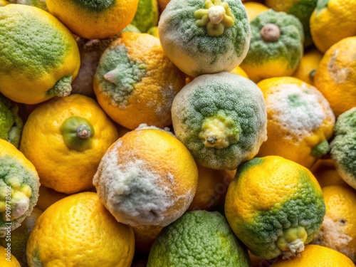 Freshly cut lemons overgrown with green mold rot, infected with penicillium digitatum, displaying fuzzy olive-green fungal growths and soft decaying flesh, viewed from above. photo