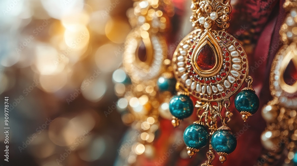 Elegant Indian earrings in a close-up view, with lots of space on the left for text or logos. Elegant Indian earrings in a close-up view, with lots of space on the left for text or logos.