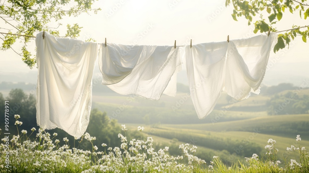 Freshly washed linens billowing on a clothesline with a scenic countryside view, with lots of space for text. Freshly washed linens billowing on a clothesline with a scenic countryside view, with lots of space for text.