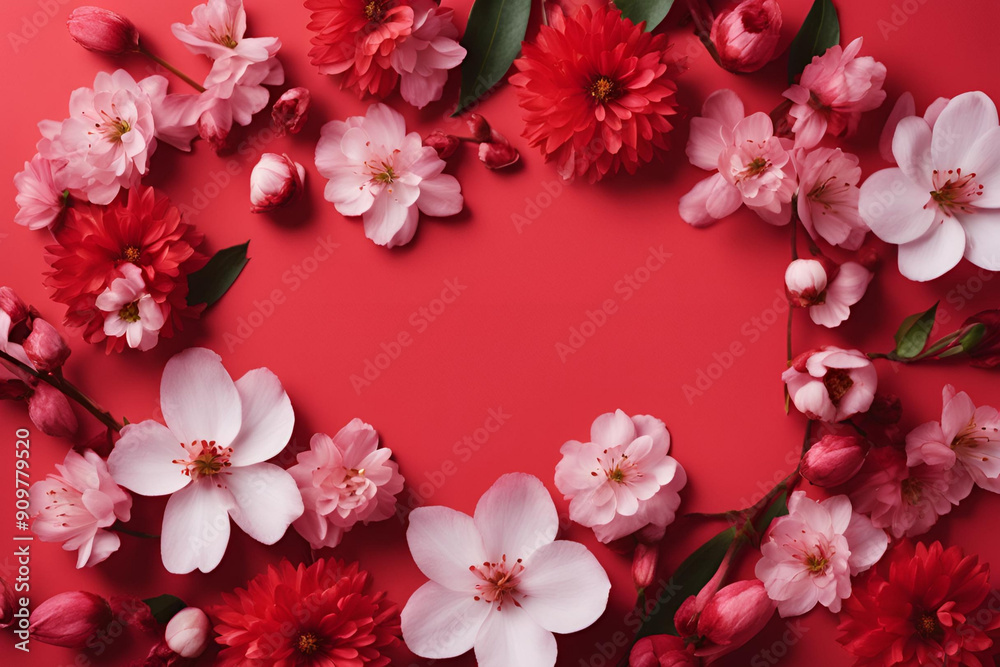 Pink, white, and red flowers of various sizes and shapes, along with green leaves and small red berries scattered around the edges, creating a beautiful and delicate composition. Pink, white, and red flowers of various sizes and shapes, along with green leaves and small red berries scattered around the edges, creating a beautiful and delicate composition.