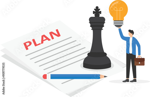 a man in a business suit holds a sheet of paper with a plan and a horse chess piece

