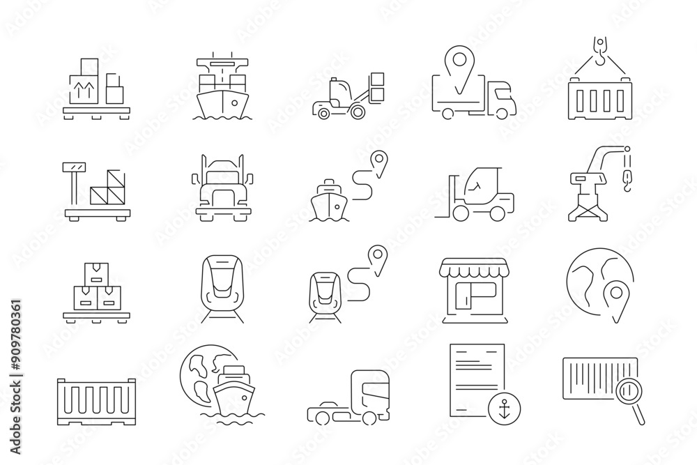 A set of logistics icons reflecting processes such as cargo weighing, forklift operation, and ship route. trains, car delivery, bill of lading, waybill A set of logistics icons reflecting processes such as cargo weighing, forklift operation, and ship route. trains, car delivery, bill of lading, waybill