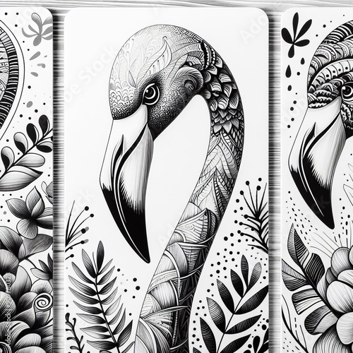 318 144 Whimsical flamingo illustrations in black and white clos photo