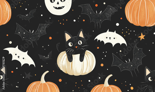 halloween pattern, cats, bats and pumpkins on black background