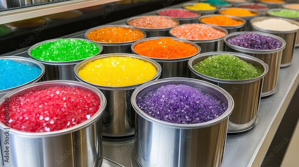 A row of colorful paint cans with a rainbow of colors. The cans are arranged in a row and are filled with different colored powders. Concept of creativity and artistic expression
