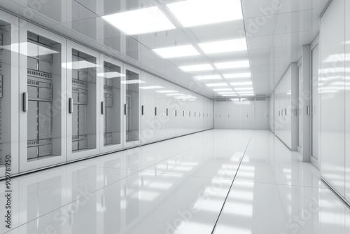 Modern data center interior with rows of server cabinets and bright overhead lights