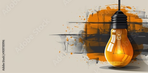Yellow light bulb glows brightly on a white background