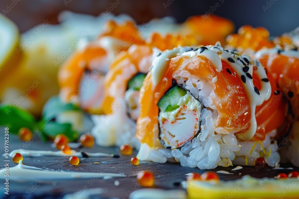 Crab Sushi, Uramaki Sushi Rolls with Cream Cheese, Snow Crab, Cucumber, Flying Fish Caviar, Seafood Sushi Crab Sushi, Uramaki Sushi Rolls with Cream Cheese, Snow Crab, Cucumber, Flying Fish Caviar, Seafood Sushi