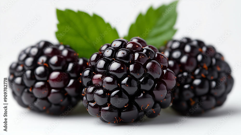 A few blackberries with leaves on them on a white background A few blackberries with leaves on them on a white background