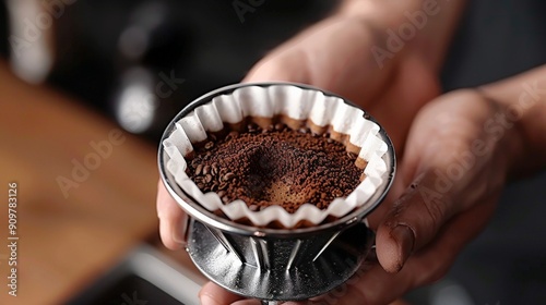 A close-up of a hand holding a dripper with blooming coffee grounds before brewing photo