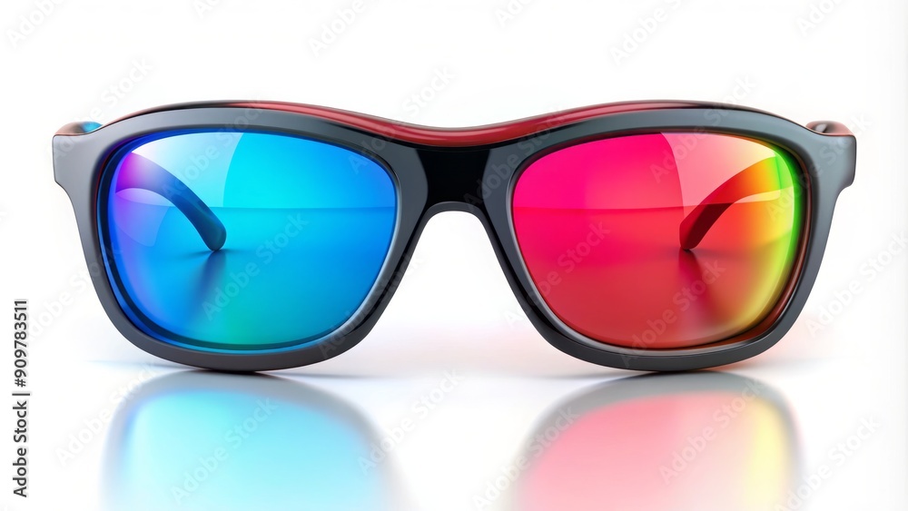 Colorful 3D glasses sit isolated on a clean white background, symbolizing immersive cinematic experiences and entertainment, with ample space for text or design elements. Colorful 3D glasses sit isolated on a clean white background, symbolizing immersive cinematic experiences and entertainment, with ample space for text or design elements.