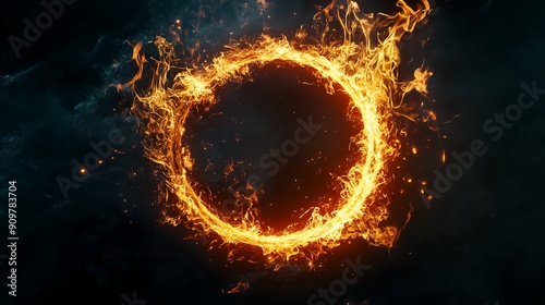 Circle of Fire flame with movment on black background, Beautiful yellow, orange and red and red blaze fire flame texture style