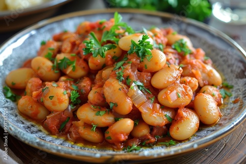 A plate of gigantes plaki, giant beans baked in a rich tomato sauce with onions and herbs, garnished with fresh parsley.