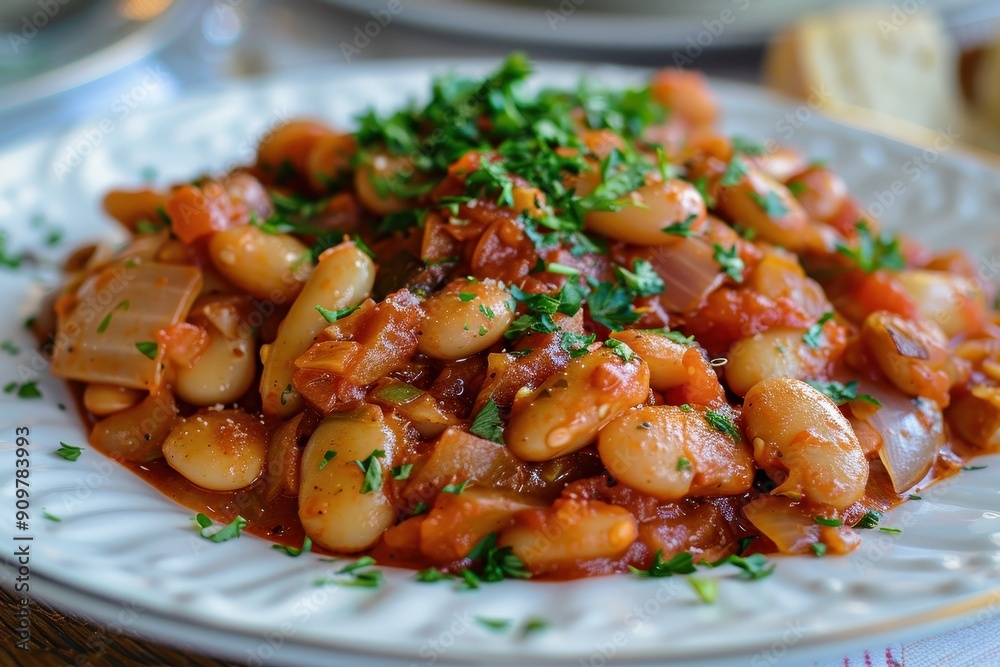 A plate of gigantes plaki, giant beans baked in a rich tomato sauce with onions and herbs, garnished with fresh parsley. A plate of gigantes plaki, giant beans baked in a rich tomato sauce with onions and herbs, garnished with fresh parsley.