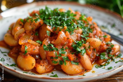 A plate of gigantes plaki, giant beans baked in a rich tomato sauce with onions and herbs, garnished with fresh parsley.