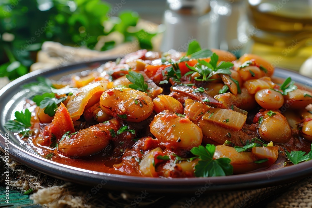 A plate of gigantes plaki, giant beans baked in a rich tomato sauce with onions and herbs, garnished with fresh parsley. A plate of gigantes plaki, giant beans baked in a rich tomato sauce with onions and herbs, garnished with fresh parsley.