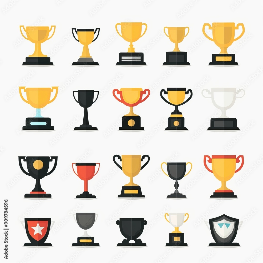 Trophy cups, golden goblet, silver reward, champion bowls. Contest winner award collection, prize cup Trophy cups, golden goblet, silver reward, champion bowls. Contest winner award collection, prize cup