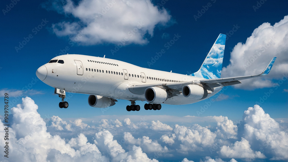 Obraz premium Mid-flight white airplane flying among fluffy cumulus clouds set against a bright blue sky background.