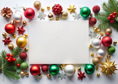 Elegant white greeting card adorned with colorful Christmas ornaments and decorations on the side, perfect for festive holiday messages and invitations.