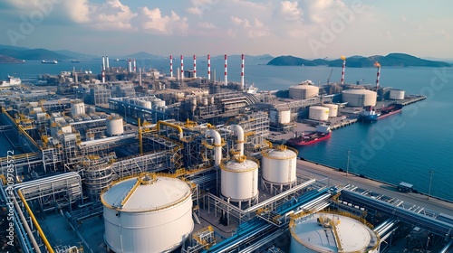 LNG gas plant is standing on the seaside. Aerial view. Liquefied natural gas distribution station. Storage tanks for liquefied gas. LNG production.