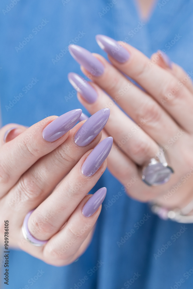 Female hand with long nails and a lilac nude nail polish Female hand with long nails and a lilac nude nail polish
