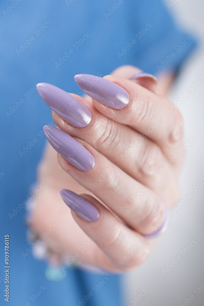 Fototapeta premium Female hand with long nails and a lilac nude nail polish
