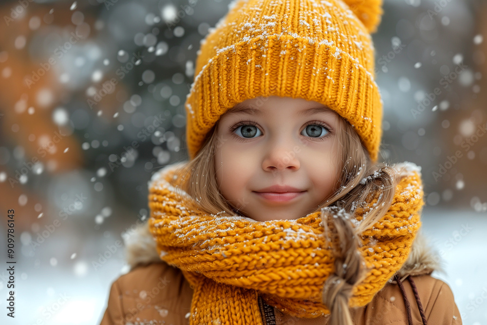 A young girl wearing a yellow hat and scarf is smiling in the snow. Concept of warmth and happiness despite the cold weather A young girl wearing a yellow hat and scarf is smiling in the snow. Concept of warmth and happiness despite the cold weather