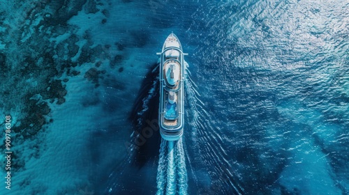 Aerial top view of a luxury yacht cruising with over blue ocean