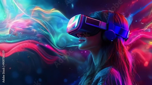 Wallpaper Mural amazed young woman in a VR headset explores the metaverse's virtual space. Gaming and futuristic entertainment concept Torontodigital.ca