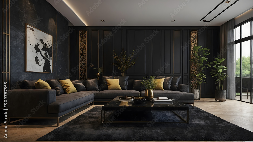 Fototapeta premium Modern living Room with black Stone Walls and Cozy Corner Sofa 