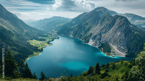 A beautiful mountain lake with a blue sky in the background