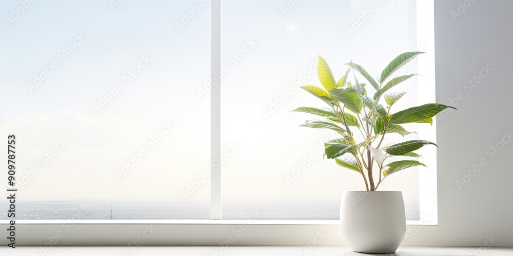 Fototapeta premium White Pot on Window Sill Background, Sun Morning Mockup, House Windows Banner with Copy Space