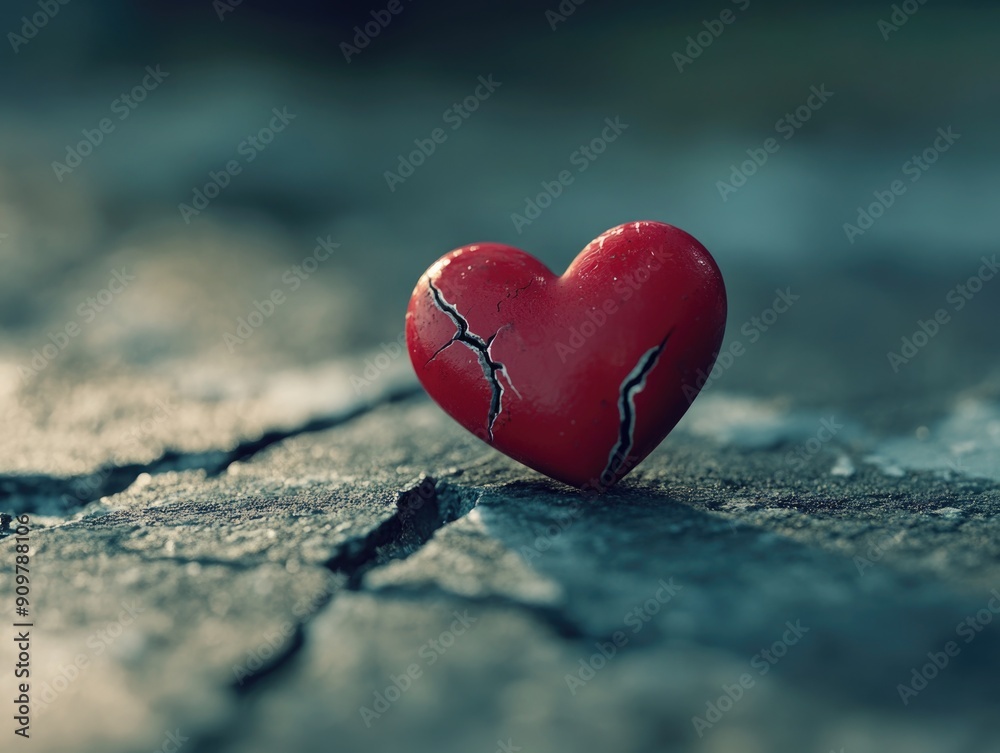 A solitary, broken red heart lies on the ground, symbolizing lost love or failed relationships A solitary, broken red heart lies on the ground, symbolizing lost love or failed relationships