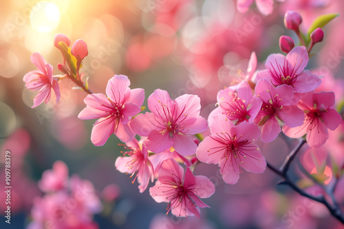 A beautiful pink flower with a bright sun in the background. The sun is shining on the flowers, making them look even more vibrant and alive. Concept of warmth and happiness